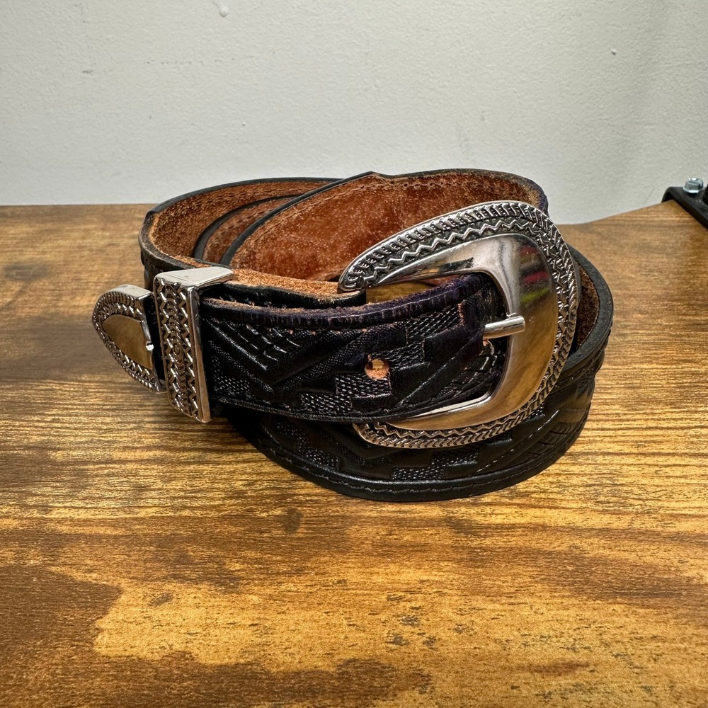 Chambers Womens Black Embossed Leather Western Belt Silver Buckle Set WS555‎ 36